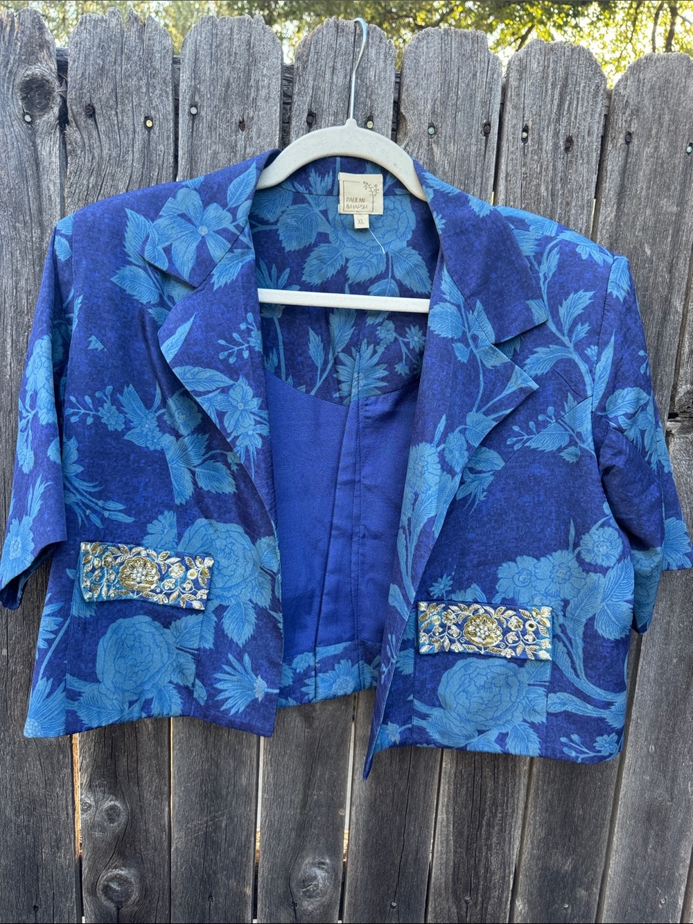 Floral Cropped Blazer Jacket in Blue - Sondra Roberts